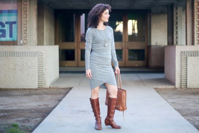 Gray long sleeve bandage bodycon dress with brown leather knee high boots with side zip closure