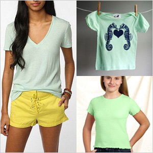 Mint green V-neck t-shirt and yellow mini shorts