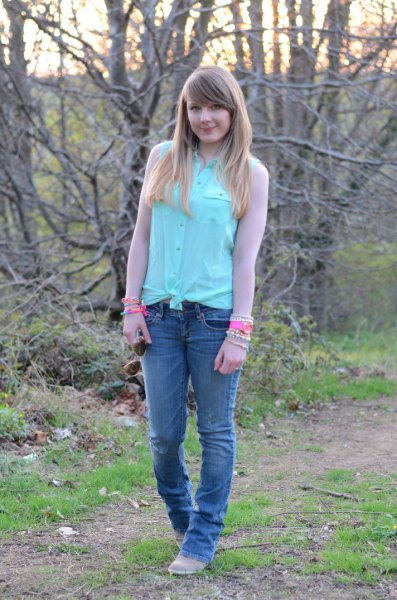 Mint green knotted shirt with chiffon sleeves and slim fit jeans