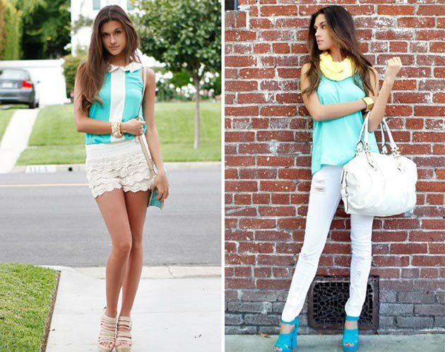 Mint green sleeveless slim fit blouse with white lace shorts