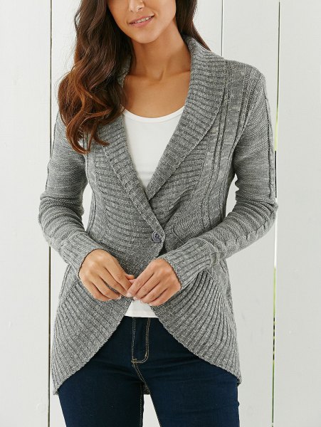 Gray shawl cardigan, white scoop neck t-shirt and dark jeans