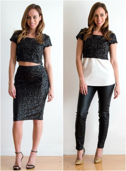 Black glitter crop top with matching high rise midi skirt