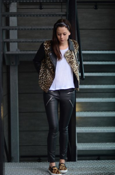 Leopard print jacket, biker pants and chiffon blouse