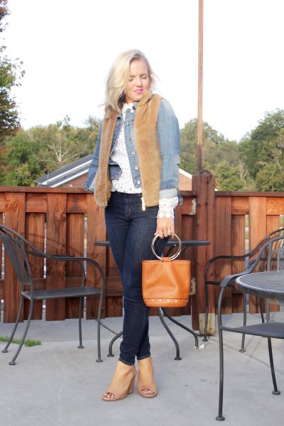 brown sherpa vest with blue denim jacket and open heels