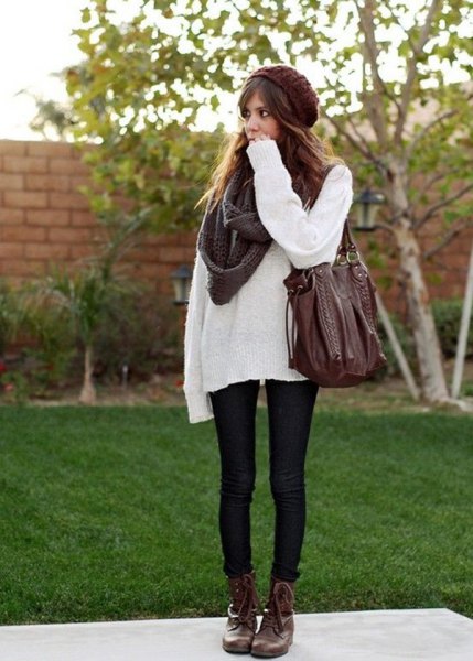white oversized sweater with gray knitted scarf