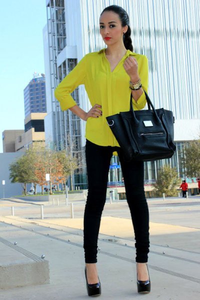 Yellow long sleeve button down shirt and black skinny jeans