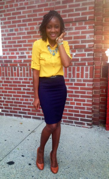 Half sleeve shirt with buttons, statement necklace and pencil skirt