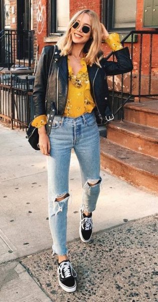 Mustard Yellow Floral Blouse and Black Leather Biker Jacket