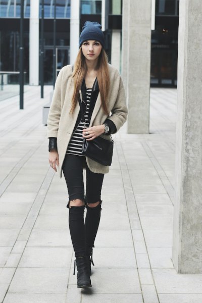 Light pink wool blazer with black and white striped scoop neck tee