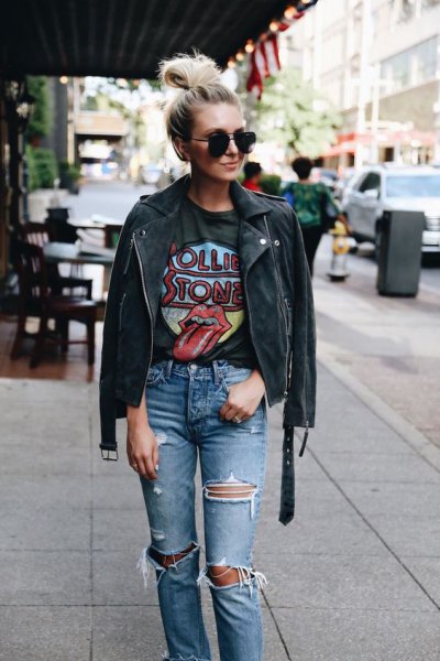 Black leather jacket with graphic tee and ripped jeans