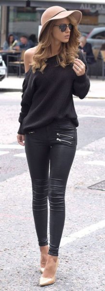 Black off the shoulder sweater with leather biker skinny pants