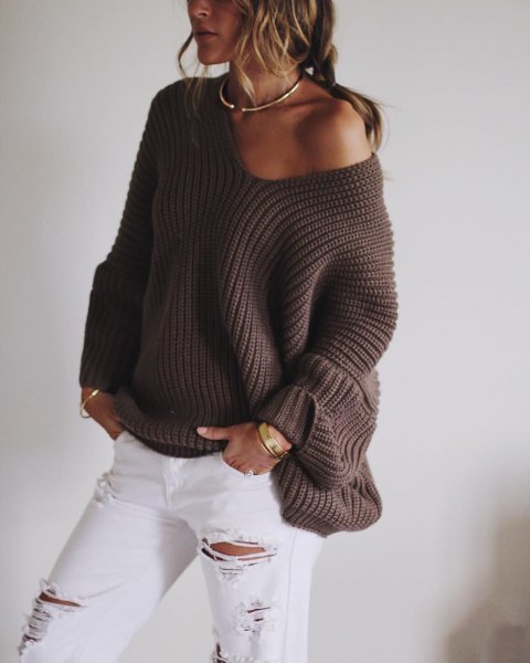 Pair with a gray one shoulder sweater and white ripped boyfriend jeans to complement