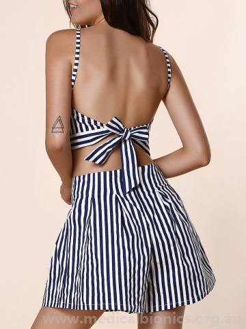 Black and white striped spaghetti strap top with an open back and matching flowy shorts