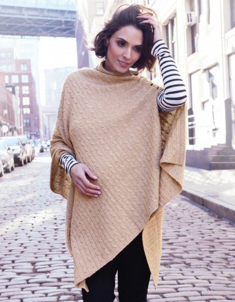 Camel cable knit scarf with black and white striped long sleeve t-shirt