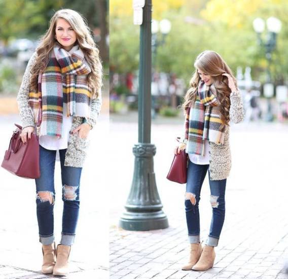 Heather gray scarf with multicolored checkered scarf