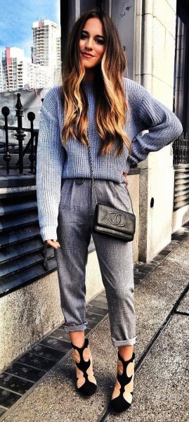 gray and white ribbed sweater with knit pants with cuffs