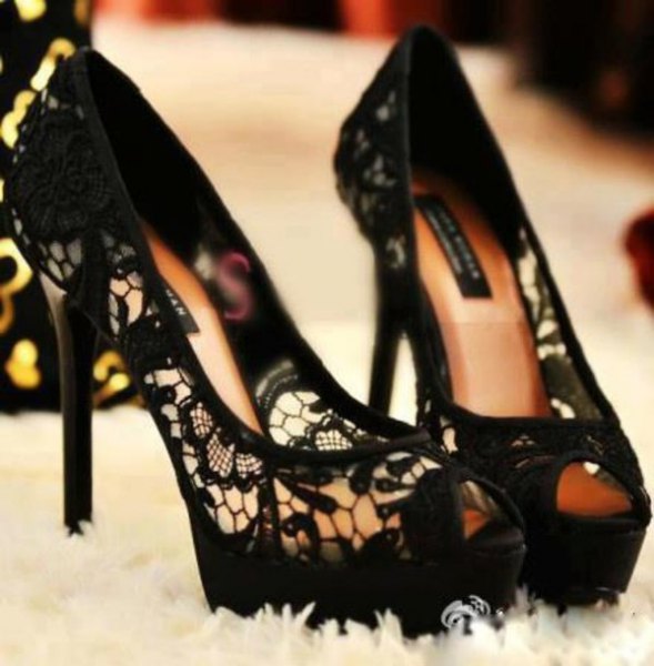 Black lace mini swing dress with matching high heels