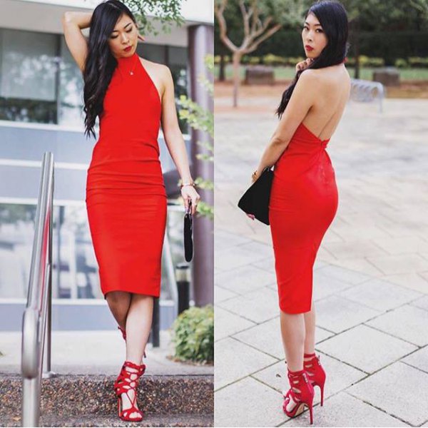 Red backless halterneck bodycon midi dress with matching lace-up heels