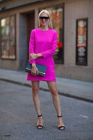 Pink long sleeve mini shift dress with dark blue sandals