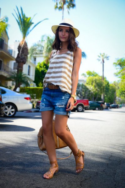 Gray and white striped tank top with blue jean shorts