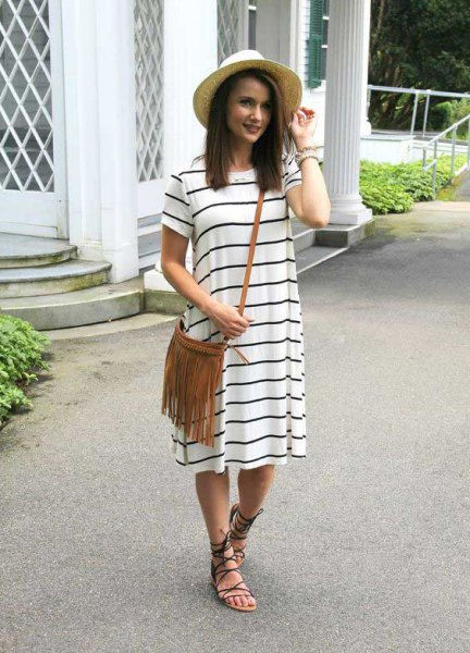 White and gray striped, short-sleeved midi shift dress with summer strappy sandals