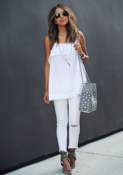 White chiffon top with spaghetti straps, jeans and black summer heeled sandals