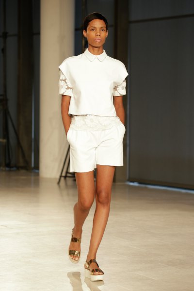 White collared short sleeve blouse with matching flowy shorts