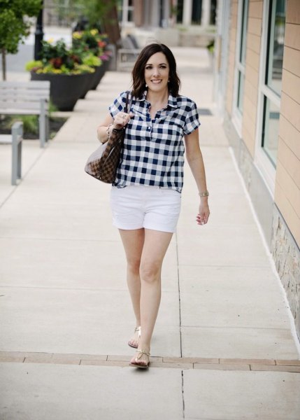 Black and white check shirt with mini casual shorts