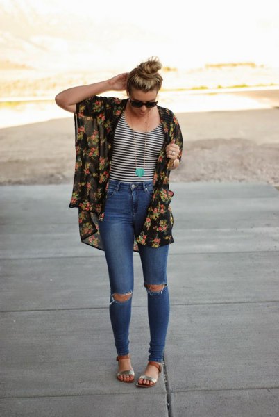 Black and pink floral chiffon kimono cardigan and blue jeans