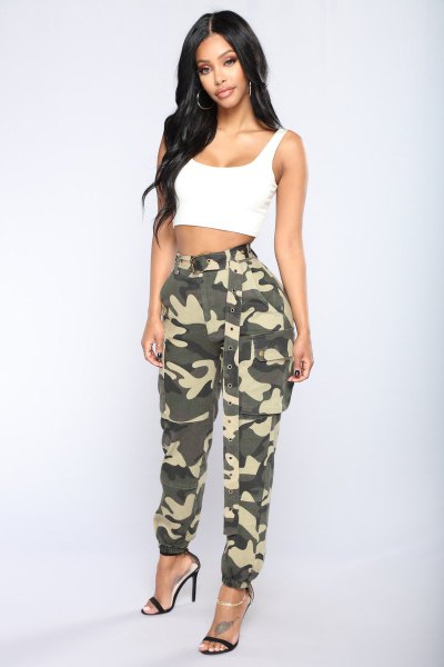White cropped tank top with camouflage boyfriend pants