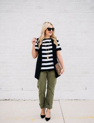 Black and white striped t-shirt with vest and cuffed boyfriend pants