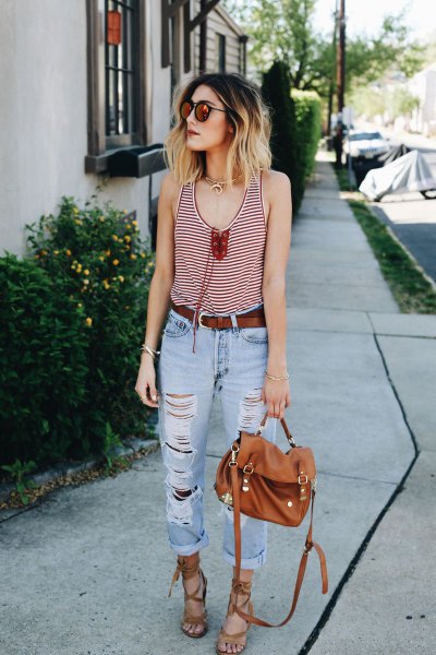 Black and white scoop neck tank top and light blue jeans