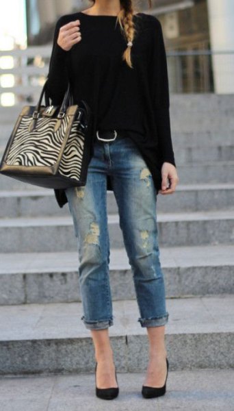Black chunky sweater with cuffed boyfriend jeans and ballet flats