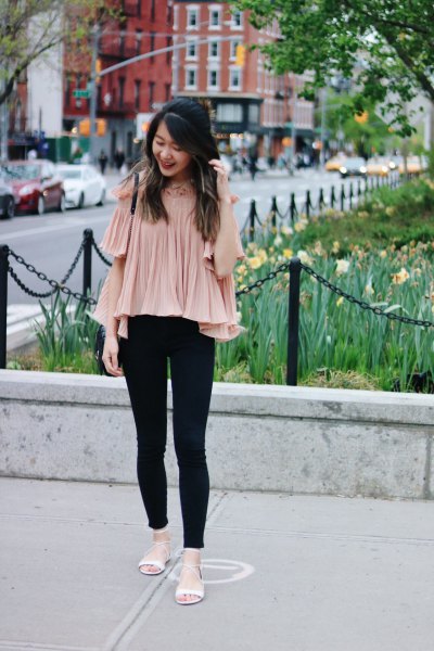 Light pink off the shoulder pleated chiffon blouse with black
jeans