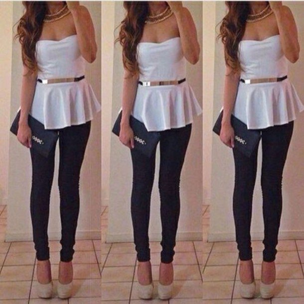 White strapless elegant belted peplum top with black jeans