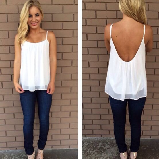 White backless chiffon elegant tank top with blue jeans