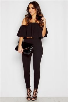 Black, off-the-shoulder blouse with skinny jeans