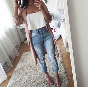 white strapless top with gray longline blazer and ripped jeans