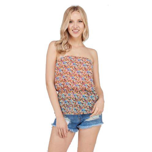 Orange and blue floral strapless top and mini denim shorts