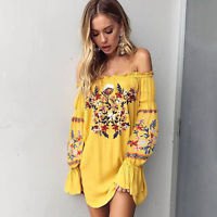 Mustard yellow off the shoulder floral print shirt dress