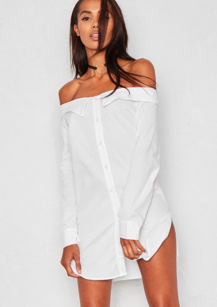 White strapless button down shirt dress