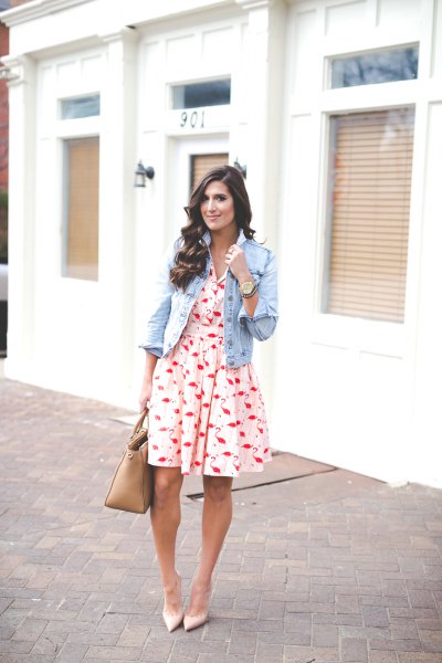 White and red flared printed mini dress and light blue denim jacket