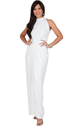 White fitted maxi dress with a high neck and a gathered waist