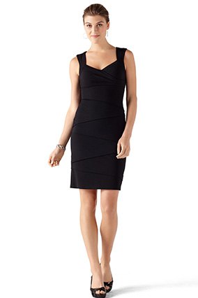 Black sleeveless bodycon mini dress with a V-neckline and open heels