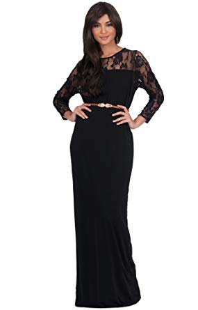 Floor-length lace dress with a belt and long sleeves