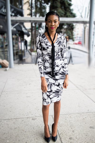 Black and white long sleeve floral print mini wrap dress with tie detailing