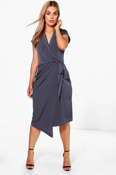 Gray midi wrap dress with a relaxed fit and tie waist