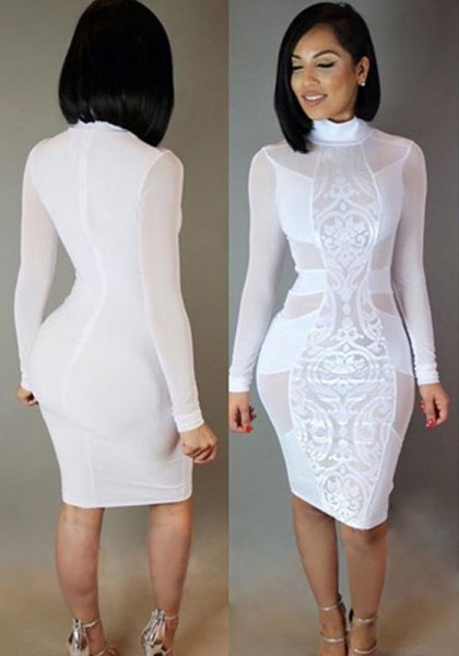 White semi sheer bodycon club dress with long sleeves