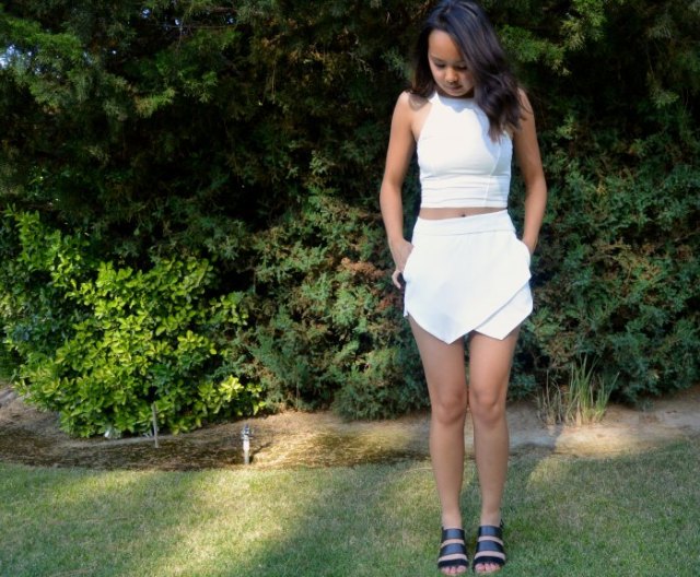 White halter crop top with mini skirt