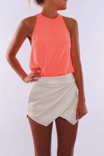 Orange tank top with white silk foldover mini skirt